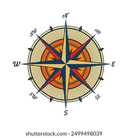 Antiguas Marine Wind Rose, carta náutica. Brújula de navegación colorida con direcciones cardinales de Norte, Este, Sur, Oeste. Posición geográfica, cartografía y navegación. Ilustración vectorial