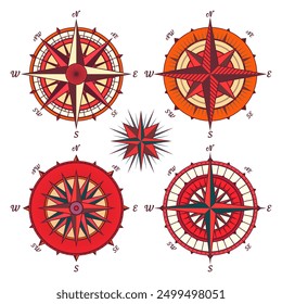 Antiguas Marine Wind Rose, carta náutica. Brújula de navegación colorida con direcciones cardinales de Norte, Este, Sur, Oeste. Posición geográfica, cartografía y navegación. Ilustración vectorial