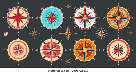 Antiguas Marine Wind Rose, carta náutica. Brújula de navegación colorida con direcciones cardinales de Norte, Este, Sur, Oeste. Posición geográfica, cartografía y navegación. Ilustración vectorial