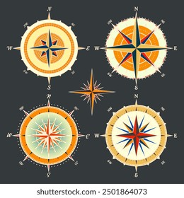 Antiguas Marine Wind Rose, carta náutica. Brújula de navegación colorida con direcciones cardinales de Norte, Este, Sur, Oeste. Posición geográfica, cartografía y navegación. Ilustración vectorial