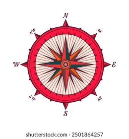 Antiguas Marine Wind Rose, carta náutica. Brújula de navegación colorida con direcciones cardinales de Norte, Este, Sur, Oeste. Posición geográfica, cartografía y navegación. Ilustración vectorial