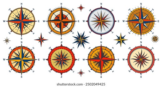 Antiguas Marine Wind Rose, carta náutica. Brújula de navegación colorida con direcciones cardinales de Norte, Este, Sur, Oeste. Posición geográfica, cartografía y navegación. Ilustración vectorial