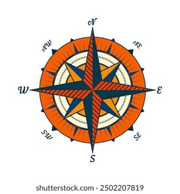 Vintage marine wind rose, nautical chart. Colorful navigational compass with cardinal directions of North, East, South, West. Geographical position, cartography and navigation. Vector illustration