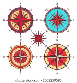 Antiguas Marine Wind Rose, carta náutica. Brújula de navegación colorida con direcciones cardinales de Norte, Este, Sur, Oeste. Posición geográfica, cartografía y navegación. Ilustración vectorial