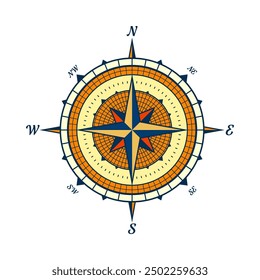 Vintage marine wind rose, nautical chart. Colorful navigational compass with cardinal directions of North, East, South, West. Geographical position, cartography and navigation. Vector illustration