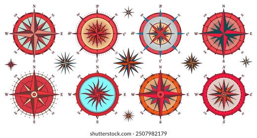 Antiguas Marine Wind Rose, carta náutica. Brújula de navegación colorida con direcciones cardinales de Norte, Este, Sur, Oeste. Posición geográfica, cartografía y navegación. Ilustración vectorial