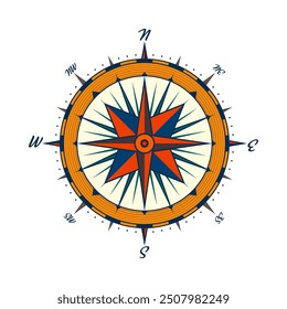 Antiguas Marine Wind Rose, carta náutica. Brújula de navegación colorida con direcciones cardinales de Norte, Este, Sur, Oeste. Posición geográfica, cartografía y navegación. Ilustración vectorial