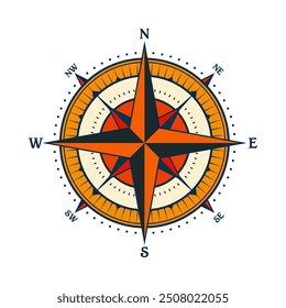 Antiguas Marine Wind Rose, carta náutica. Brújula de navegación colorida con direcciones cardinales de Norte, Este, Sur, Oeste. Posición geográfica, cartografía y navegación. Ilustración vectorial