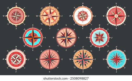 Antiguas Marine Wind Rose, carta náutica. Brújula de navegación colorida con direcciones cardinales de Norte, Este, Sur, Oeste. Posición geográfica, cartografía y navegación. Ilustración vectorial