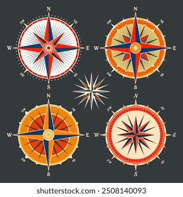 Antiguas Marine Wind Rose, carta náutica. Brújula de navegación colorida con direcciones cardinales de Norte, Este, Sur, Oeste. Posición geográfica, cartografía y navegación. Ilustración vectorial