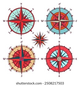 Antiguas Marine Wind Rose, carta náutica. Brújula de navegación colorida con direcciones cardinales de Norte, Este, Sur, Oeste. Posición geográfica, cartografía y navegación. Ilustración vectorial