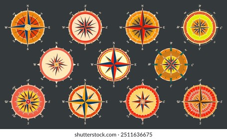 Antiguas Marine Wind Rose, carta náutica. Brújula de navegación colorida con direcciones cardinales de Norte, Este, Sur, Oeste. Posición geográfica, cartografía y navegación. Ilustración vectorial