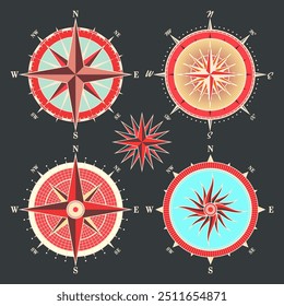 Antiguas Marine Wind Rose, carta náutica. Brújula de navegación colorida con direcciones cardinales de Norte, Este, Sur, Oeste. Posición geográfica, cartografía y navegación. Ilustración vectorial