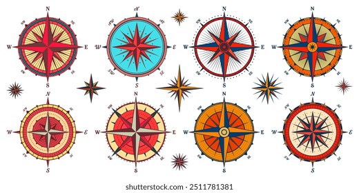 Antiguas Marine Wind Rose, carta náutica. Brújula de navegación colorida con direcciones cardinales de Norte, Este, Sur, Oeste. Posición geográfica, cartografía y navegación. Ilustración vectorial