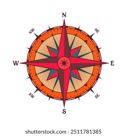 Antiguas Marine Wind Rose, carta náutica. Brújula de navegación colorida con direcciones cardinales de Norte, Este, Sur, Oeste. Posición geográfica, cartografía y navegación. Ilustración vectorial