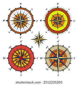 Antiguas Marine Wind Rose, carta náutica. Brújula de navegación colorida con direcciones cardinales de Norte, Este, Sur, Oeste. Posición geográfica, cartografía y navegación. Ilustración vectorial