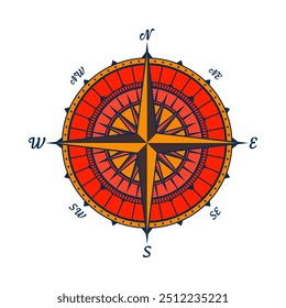 Antiguas Marine Wind Rose, carta náutica. Brújula de navegación colorida con direcciones cardinales de Norte, Este, Sur, Oeste. Posición geográfica, cartografía y navegación. Ilustración vectorial