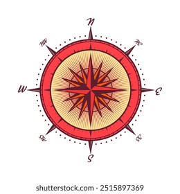 Antiguas Marine Wind Rose, carta náutica. Brújula de navegación colorida con direcciones cardinales de Norte, Este, Sur, Oeste. Posición geográfica, cartografía y navegación. Ilustración vectorial