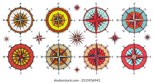 Antiguas Marine Wind Rose, carta náutica. Brújula de navegación colorida con direcciones cardinales de Norte, Este, Sur, Oeste. Posición geográfica, cartografía y navegación. Ilustración vectorial