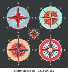 Antiguas Marine Wind Rose, carta náutica. Brújula de navegación colorida con direcciones cardinales de Norte, Este, Sur, Oeste. Posición geográfica, cartografía y navegación. Ilustración vectorial