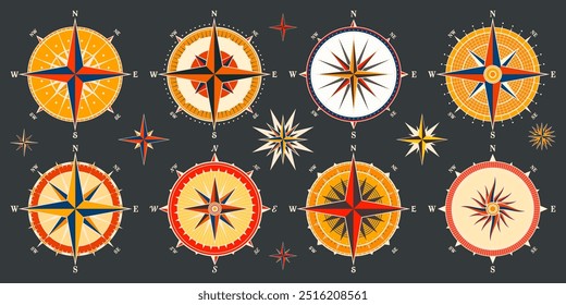 Vintage marine wind rose, nautical chart. Colorful navigational compass with cardinal directions of North, East, South, West. Geographical position, cartography and navigation. Vector illustration