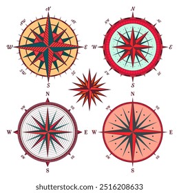 Antiguas Marine Wind Rose, carta náutica. Brújula de navegación colorida con direcciones cardinales de Norte, Este, Sur, Oeste. Posición geográfica, cartografía y navegación. Ilustración vectorial