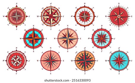 Antiguas Marine Wind Rose, carta náutica. Brújula de navegación colorida con direcciones cardinales de Norte, Este, Sur, Oeste. Posición geográfica, cartografía y navegación. Ilustración vectorial