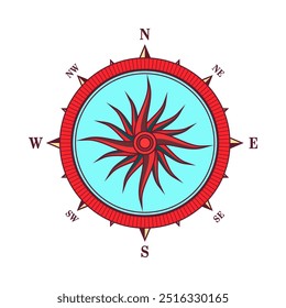 Antiguas Marine Wind Rose, carta náutica. Brújula de navegación colorida con direcciones cardinales de Norte, Este, Sur, Oeste. Posición geográfica, cartografía y navegación. Ilustración vectorial