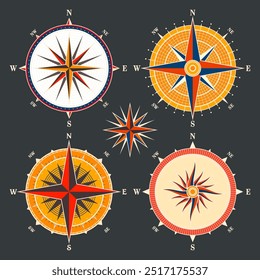 Antiguas Marine Wind Rose, carta náutica. Brújula de navegación colorida con direcciones cardinales de Norte, Este, Sur, Oeste. Posición geográfica, cartografía y navegación. Ilustración vectorial