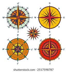 Antiguas Marine Wind Rose, carta náutica. Brújula de navegación colorida con direcciones cardinales de Norte, Este, Sur, Oeste. Posición geográfica, cartografía y navegación. Ilustración vectorial