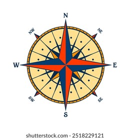 Antiguas Marine Wind Rose, carta náutica. Brújula de navegación colorida con direcciones cardinales de Norte, Este, Sur, Oeste. Posición geográfica, cartografía y navegación. Ilustración vectorial