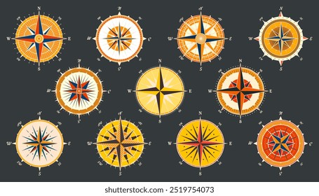 Antiguas Marine Wind Rose, carta náutica. Brújula de navegación colorida con direcciones cardinales de Norte, Este, Sur, Oeste. Posición geográfica, cartografía y navegación. Ilustración vectorial