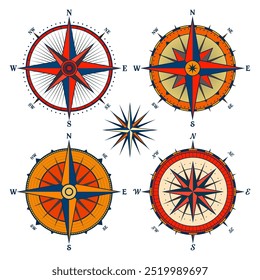 Antiguas Marine Wind Rose, carta náutica. Brújula de navegación colorida con direcciones cardinales de Norte, Este, Sur, Oeste. Posición geográfica, cartografía y navegación. Ilustración vectorial