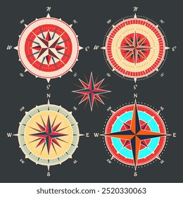 Antiguas Marine Wind Rose, carta náutica. Brújula de navegación colorida con direcciones cardinales de Norte, Este, Sur, Oeste. Posición geográfica, cartografía y navegación. Ilustración vectorial