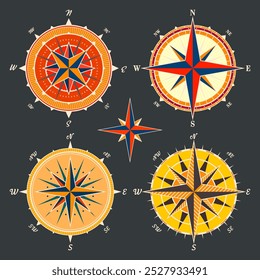 Antiguas Marine Wind Rose, carta náutica. Brújula de navegación colorida con direcciones cardinales de Norte, Este, Sur, Oeste. Posición geográfica, cartografía y navegación. Ilustración vectorial