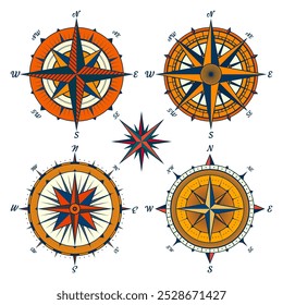 Antiguas Marine Wind Rose, carta náutica. Brújula de navegación colorida con direcciones cardinales de Norte, Este, Sur, Oeste. Posición geográfica, cartografía y navegación. Ilustración vectorial