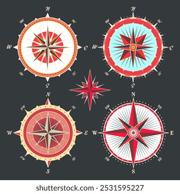 Antiguas Marine Wind Rose, carta náutica. Brújula de navegación colorida con direcciones cardinales de Norte, Este, Sur, Oeste. Posición geográfica, cartografía y navegación. Ilustración vectorial