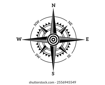 Vintage marine wind rose, nautical chart. Monochrome navigational compass with cardinal directions of North, East, South, West. Geographical