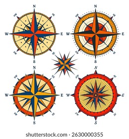 Vintage marine wind rose, nautical chart. Colorful navigational compass with cardinal directions of North, East, South, West. Geographical position, cartography and navigation. Vector illustration