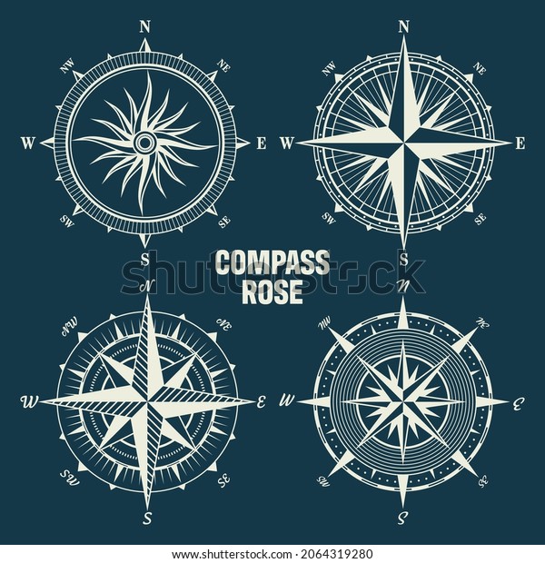 Vintage marine wind rose, nautical chart.\
Monochrome navigational compass with cardinal directions of North,\
East, South, West. Geographical position, cartography and\
navigation. Vector\
illustration.