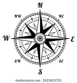 Vintage marine wind rose old compass for nautical direction navigation black vector flat illustration. Retro marine cartography symbol with north east west south and arrow travel orientation