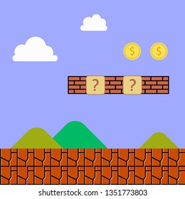 Vintage Mario Videogame Background Vector Illustration With The Coins