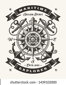 Vintage Maritime Explorer Typography (One Color). T-shirt and label graphics in woodcut style. Editable EPS10 vector illustration.