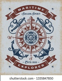 Vintage Maritime Explorer Typography. T-shirt and label graphics in woodcut style. Editable EPS10 vector illustration.
