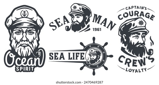 Vintage maritime illustration set featuring sea emblems, captain portraits, anchors, and inspiring oceanic phrases in a monochrome style.