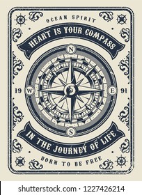 Vintage maritime monochrome template with navigational compass and inscriptions in rectangular frame vector illustration