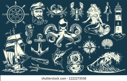 Vintage maritime and nautical elements collection with sea animals sailor mermaid marine objects and accessories isolated vector illustration