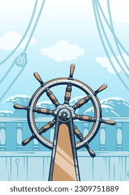 Vintage maritime poster with a steering wheel and space for text. With a grunge effect and weathering. Vector illustration.