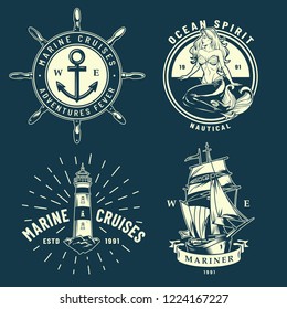 Vintage maritime and sea emblems set with anchor ship wheel mermaid lighthouse on blue background isolated vector illustration