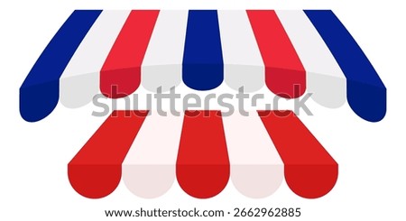 Vintage Market Tent Vector in Red White Blue. Striped Awning Roof for Food Stall or Pop Up Shop. Retro Style Canopy for Street Fair Cafe or Festival.